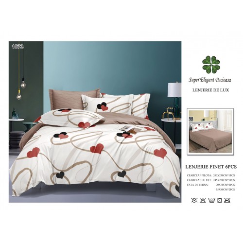 Set Lenjerie Eleganta 6 piese din Bumbac Finet, Cearceaf de pat 245x250cm, Pat 2 Persoane, SEP-33
