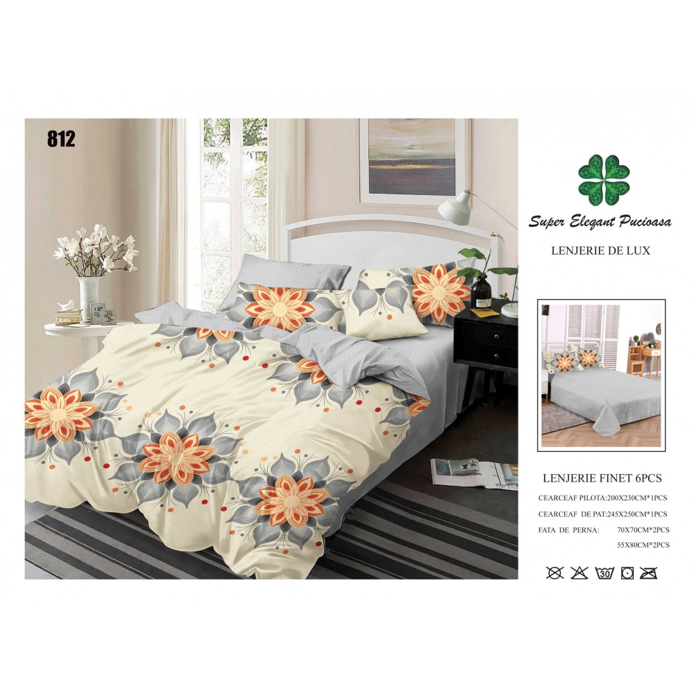 Set Lenjerie Eleganta 6 piese din Bumbac Finet, Cearceaf de pat 245x250cm, Pat 2 Persoane, SEP-34 Lenjerii din finet 6 piese