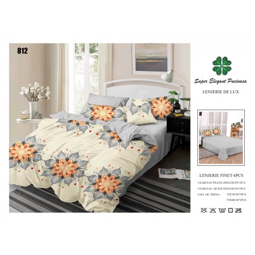 Set Lenjerie Eleganta 6 piese din Bumbac Finet, Cearceaf de pat 245x250cm, Pat 2 Persoane, SEP-34