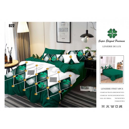 Set Lenjerie Eleganta 6 piese din Bumbac Finet, Cearceaf de pat 245x250cm, Pat 2 Persoane, SEP-35