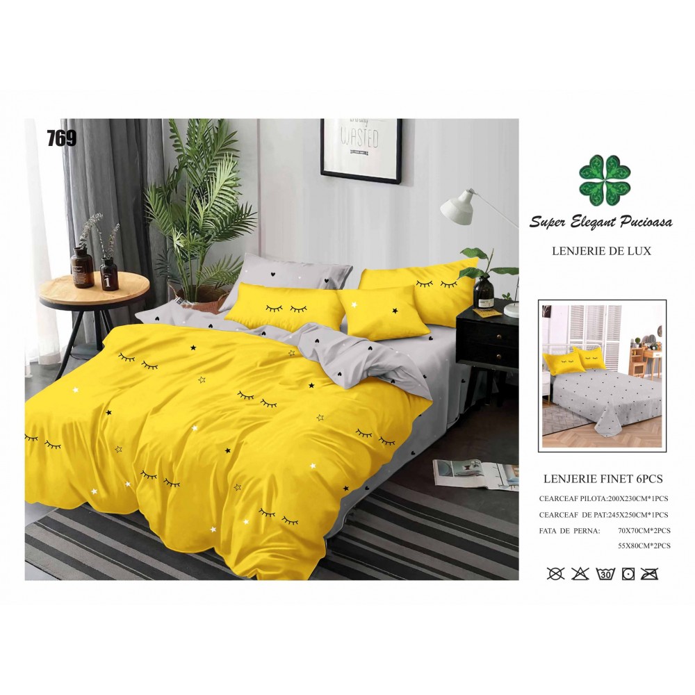 Set Lenjerie Eleganta 6 piese din Bumbac Finet, Cearceaf de pat 245x250cm, Pat 2 Persoane, SEP-36 Lenjerii din finet 6 piese