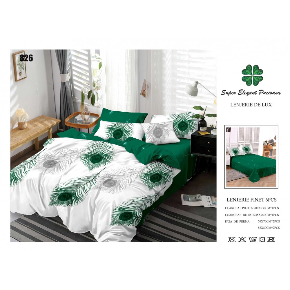 Set Lenjerie Eleganta 6 piese din Bumbac Finet, Cearceaf de pat 245x250cm, Pat 2 Persoane, SEP-37 Lenjerii din finet 6 piese