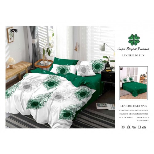 Set Lenjerie Eleganta 6 piese din Bumbac Finet, Cearceaf de pat 245x250cm, Pat 2 Persoane, SEP-37
