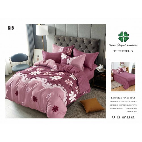 Set Lenjerie Eleganta 6 piese din Bumbac Finet, Cearceaf de pat 245x250cm, Pat 2 Persoane, SEP-38