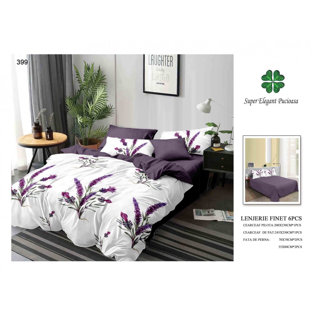 Set Lenjerie Eleganta 6 piese din Bumbac Finet, Cearceaf de pat 245x250cm, Pat 2 Persoane, SEP-39 Lenjerii din finet 6 piese