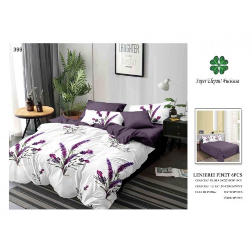 Set Lenjerie Eleganta 6 piese din Bumbac Finet, Cearceaf de pat 245x250cm, Pat 2 Persoane, SEP-39