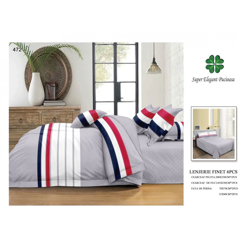 Set Lenjerie Eleganta 6 piese din Bumbac Finet, Cearceaf de pat 245x250cm, Pat 2 Persoane, SEP-40 Lenjerii din finet 6 piese