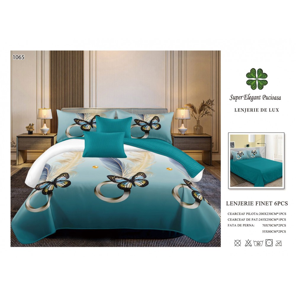 Set Lenjerie Eleganta 6 piese din Bumbac Finet, Cearceaf de pat 245x250cm, Pat 2 Persoane, SEP-41 Lenjerii din finet 6 piese