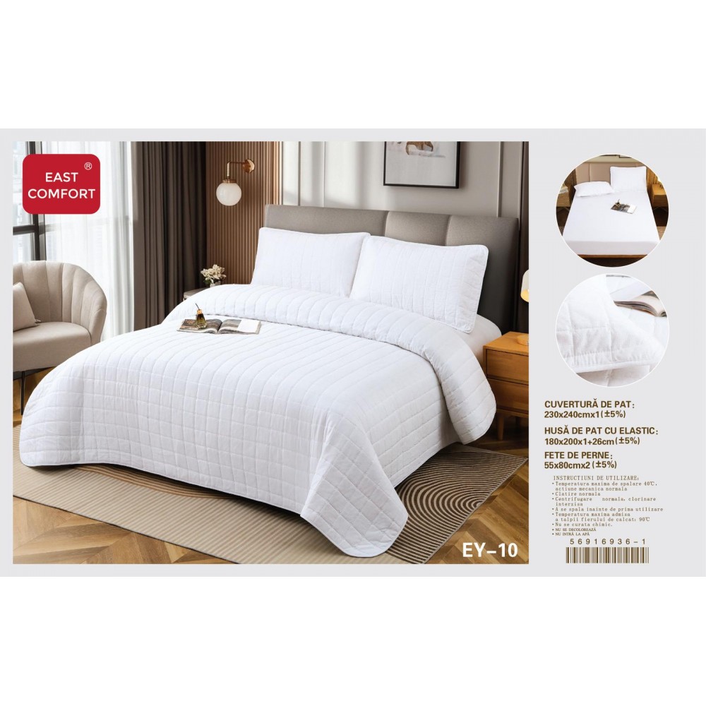 Cuvertură Pat Dublu, 4 Piese, Bumbac 100%, HUSA cu ELASTIC , matlasata -Calitate Premium,230x240 cm, EY10