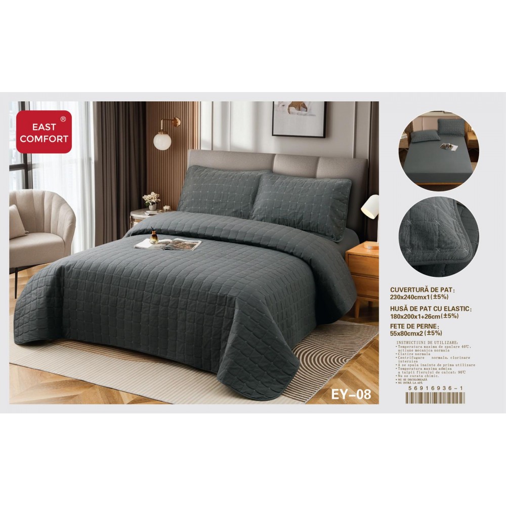 Cuvertură Pat Dublu, 4 Piese, Bumbac 100%, HUSA cu ELASTIC , matlasata -Calitate Premium,230x240 cm, EY8 Cuvertura bumbac matlasat 4 piese