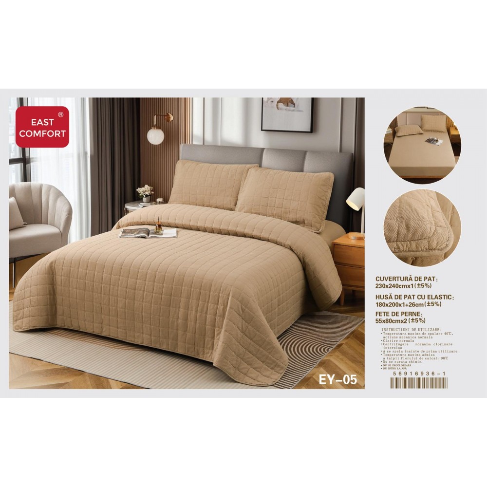 Cuvertură Pat Dublu, 4 Piese, Bumbac 100%, HUSA cu ELASTIC , matlasata -Calitate Premium,230x240 cm, EY5 Cuvertura bumbac matlasat 4 piese