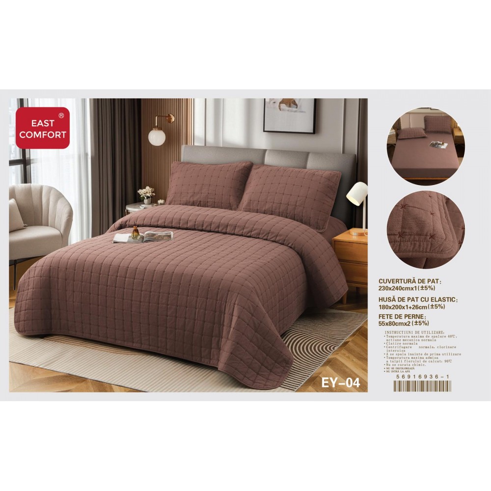 Cuvertură Pat Dublu, 4 Piese, Bumbac 100%, HUSA cu ELASTIC , matlasata -Calitate Premium,230x240 cm, EY4 Cuvertura bumbac matlasat 4 piese