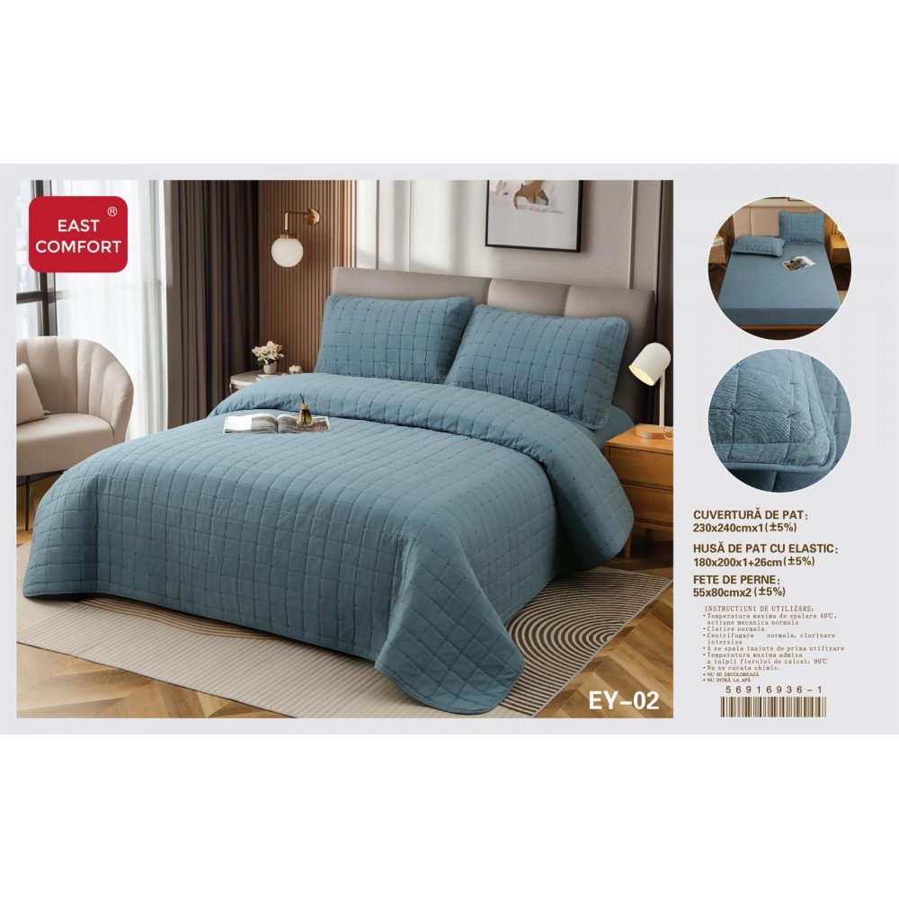 Cuvertură Pat Dublu, 4 Piese, Bumbac 100%, HUSA cu ELASTIC , matlasata -Calitate Premium,230x240 cm, EY2 Cuvertura bumbac matlasat 4 piese