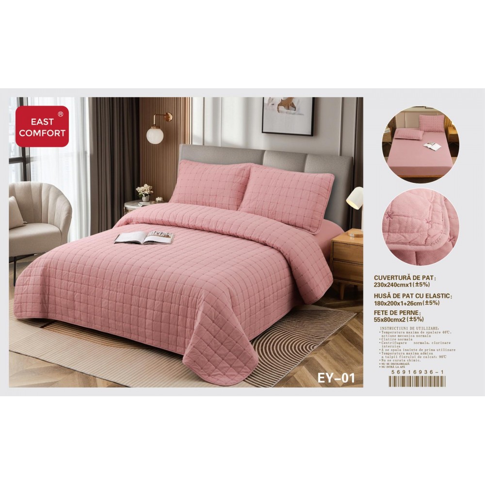 Cuvertură Pat Dublu, 4 Piese, Bumbac 100%, HUSA cu ELASTIC , matlasata -Calitate Premium,230x240 cm, EY1 Cuvertura bumbac matlasat 4 piese