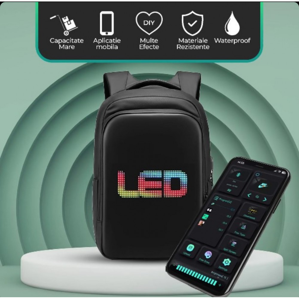 Rucsac Ghiozdan Smart cu Display LED, WiFi, impremeabil, Aplicatie Dedicata iOS/Android, Port USB Extern, Negru GSM1 ELECTRONICE / GADGETURI