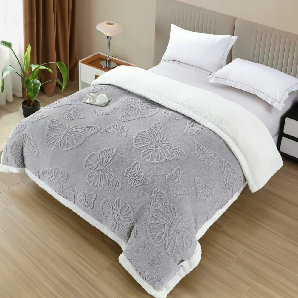 Patura Cocolino pufoasa, PLIC CU FERMOAR cu blanita, FLUTURI 3D, 200 x 230cm, pentru 2 persoane, PCSF12 Paturi cocolino cu blanita