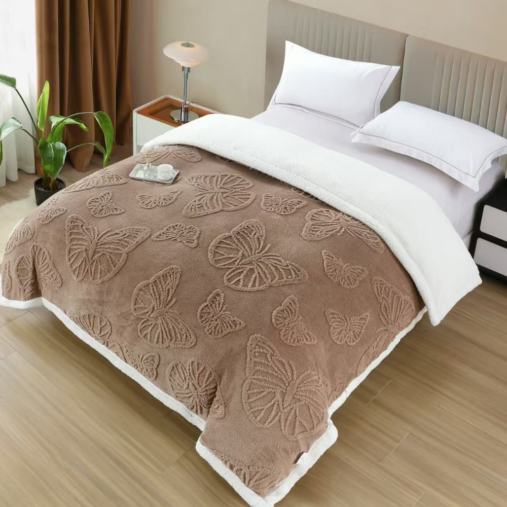 Patura Cocolino pufoasa, PLIC CU FERMOAR cu blanita, FLUTURI 3D, 200 x 230cm, pentru 2 persoane, PCSF14 Paturi cocolino cu blanita