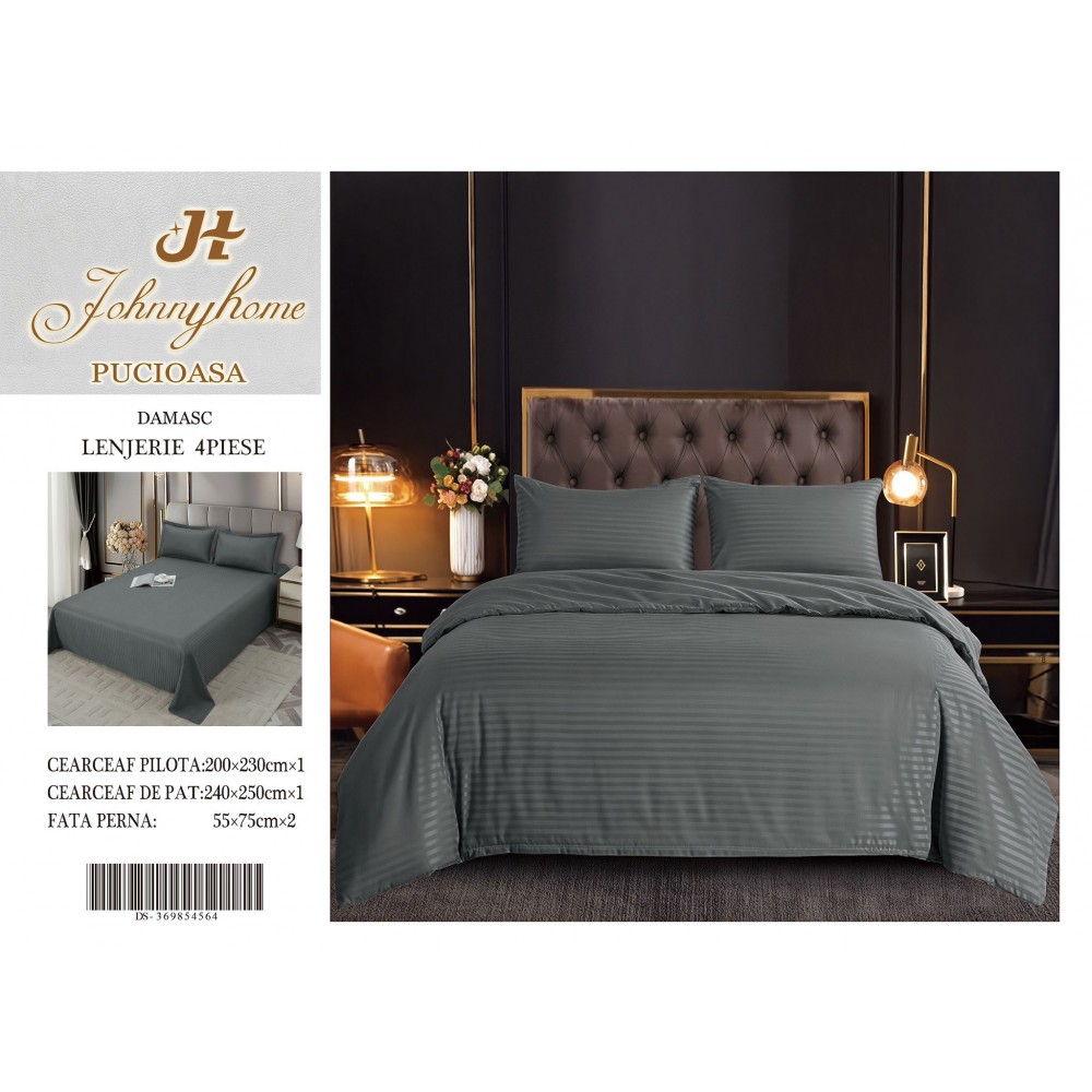 Lenjerie de pat 4 piese damasc, pentru pat de 2 persoane, cearceaf de pat fara elastic 240x240 cm LDMFE5 Lenjerii din damasc 4 piese