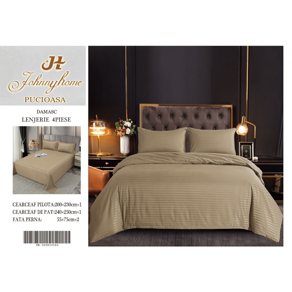 Lenjerie de pat 4 piese damasc, pentru pat de 2 persoane, cearceaf de pat fara elastic 240x240 cm LDMFE7 Lenjerii din damasc 4 piese