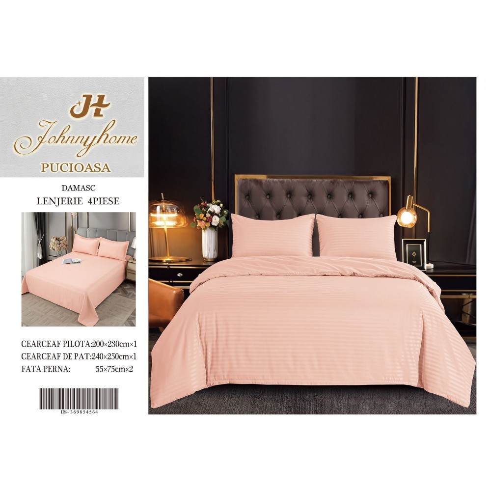 Lenjerie de pat 4 piese damasc, pentru pat de 2 persoane, cearceaf de pat fara elastic 240x240 cm LDMFE9 Lenjerii din damasc 4 piese