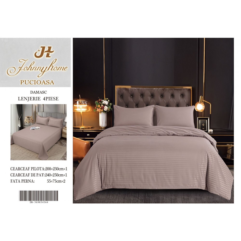 Lenjerie de pat 4 piese damasc, pentru pat de 2 persoane, cearceaf de pat fara elastic 240x240 cm LDMFE10 Lenjerii din damasc 4 piese