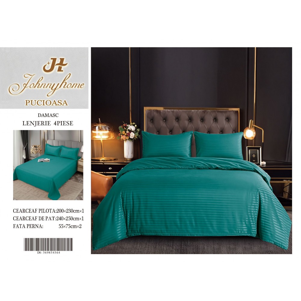 Lenjerie de pat 4 piese damasc, pentru pat de 2 persoane, cearceaf de pat fara elastic 240x240 cm LDMFE11 Lenjerii din damasc 4 piese