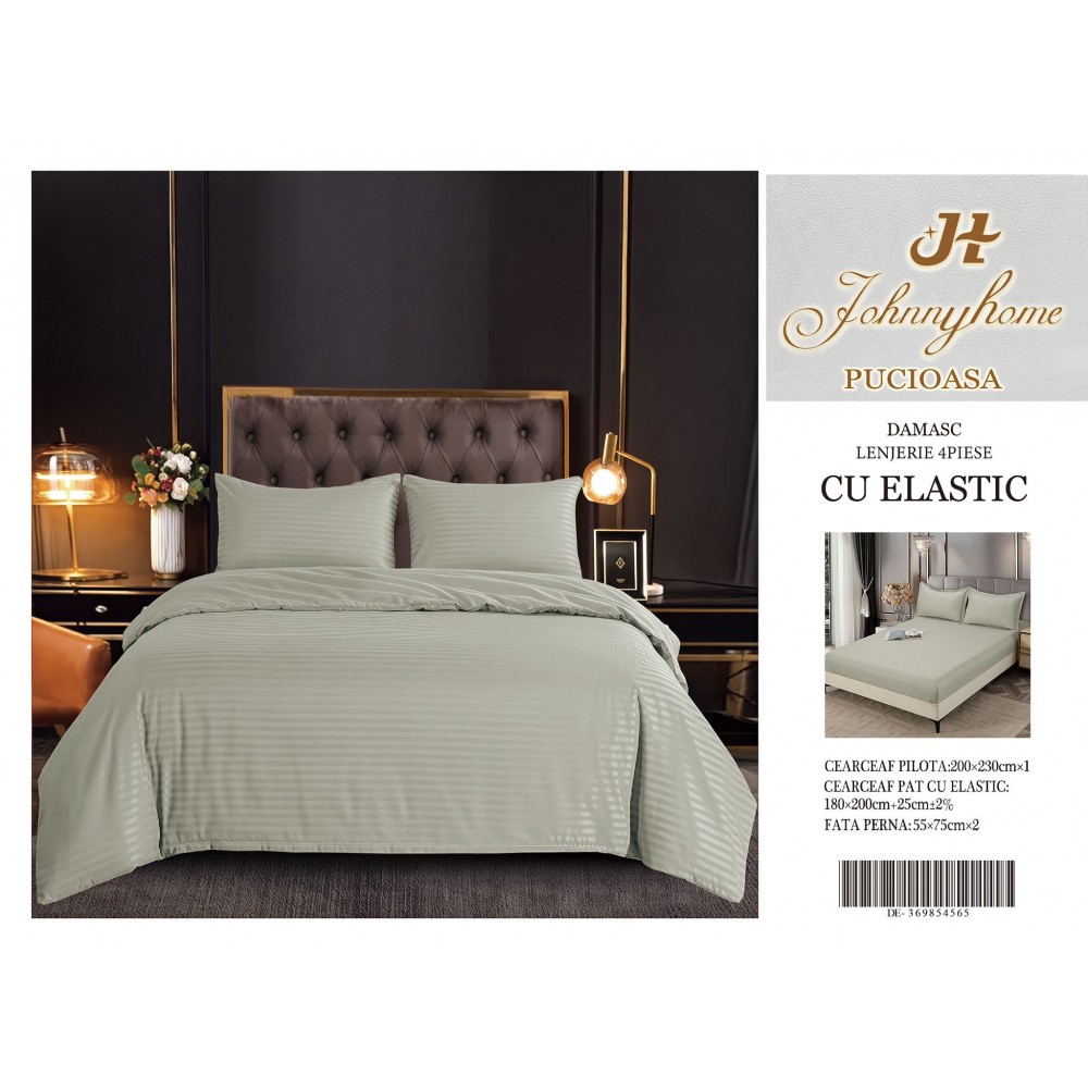 Set Lenjerie Eleganta pentru pat dublu din Damasc, Cearceaf cu Elastic, 4 piese,180x200cm, DME1 Lenjerii DIN Damasc ,4 PIESE cu elastic