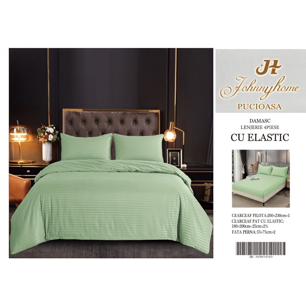 Set Lenjerie Eleganta pentru pat dublu din Damasc, Cearceaf cu Elastic, 4 piese,180x200cm, DME2 Lenjerii DIN Damasc ,4 PIESE cu elastic