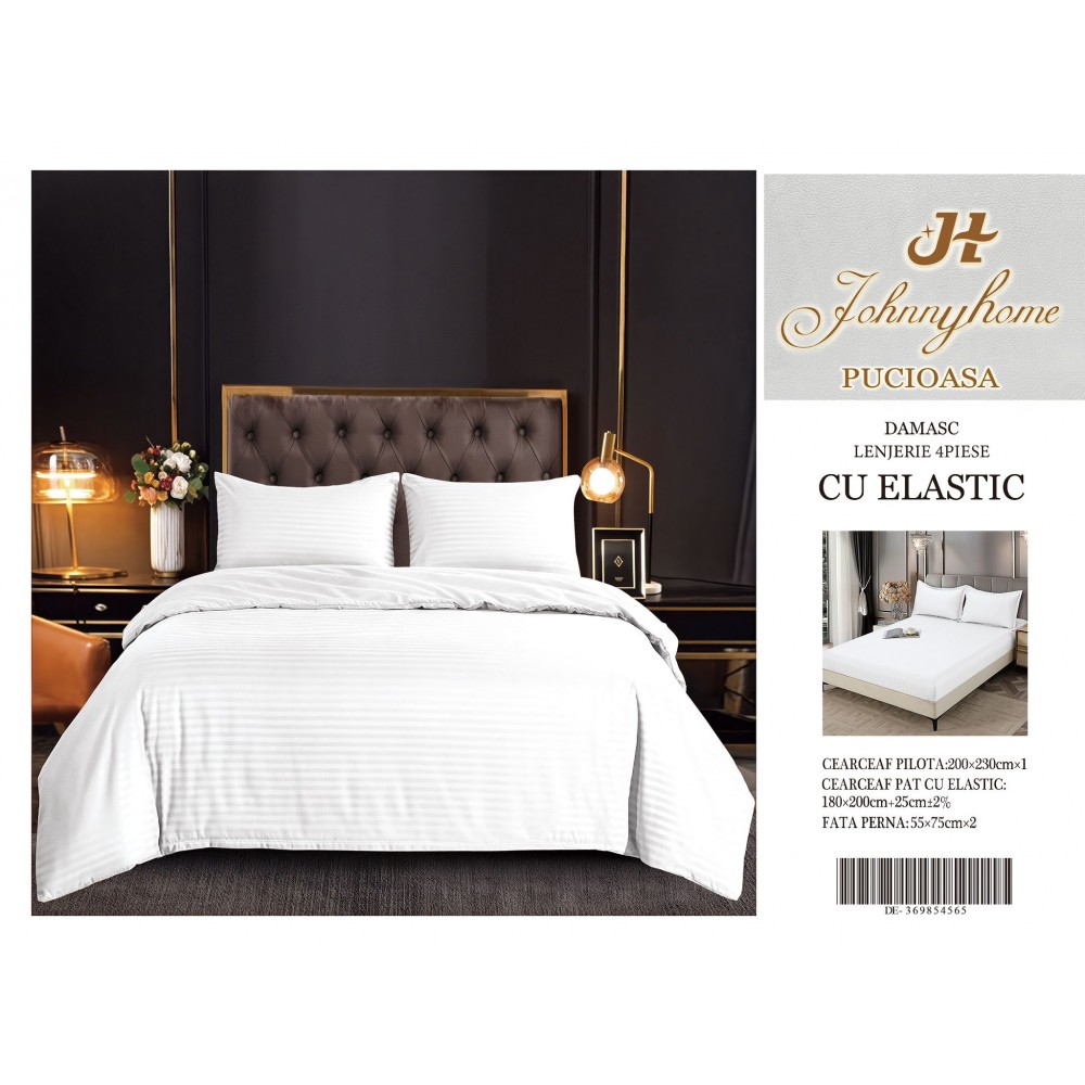 Set Lenjerie Eleganta pentru pat dublu din Damasc, Cearceaf cu Elastic, 4 piese,180x200cm, DME3 Lenjerii DIN Damasc ,4 PIESE cu elastic