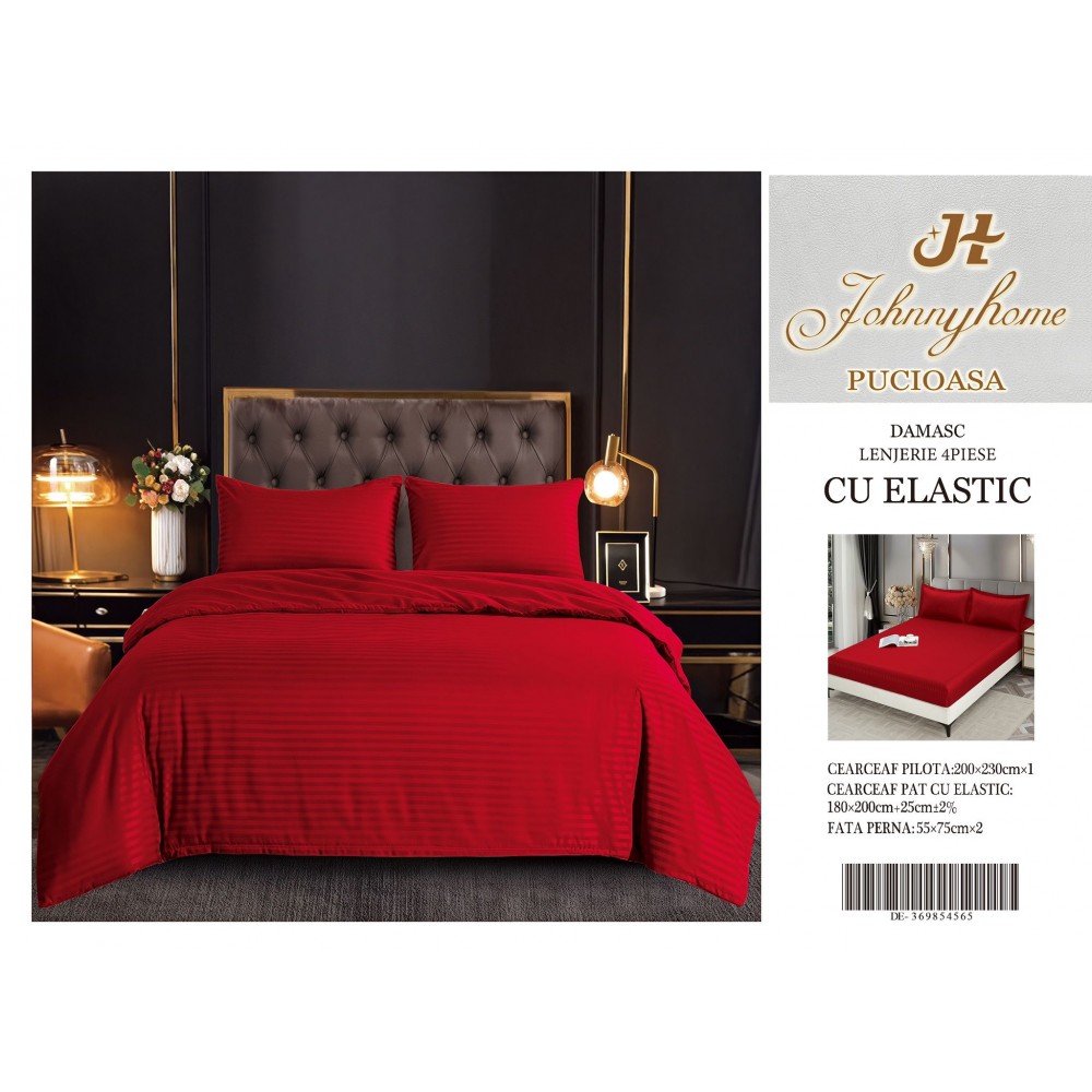 Set Lenjerie Eleganta pentru pat dublu din Damasc, Cearceaf cu Elastic, 4 piese,180x200cm, DME4 Lenjerii DIN Damasc ,4 PIESE cu elastic