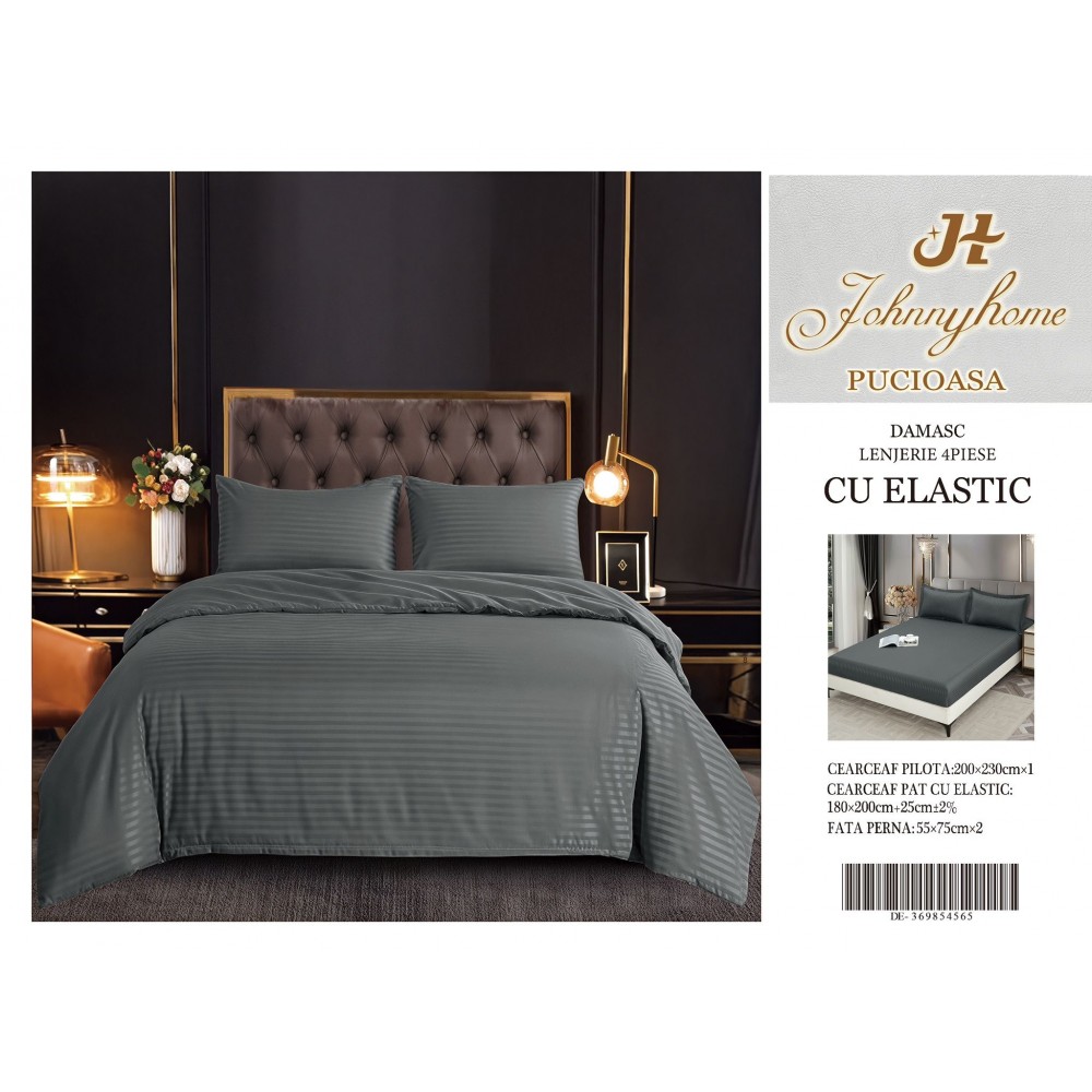 Set Lenjerie Eleganta pentru pat dublu din Damasc, Cearceaf cu Elastic, 4 piese,180x200cm, DME5 Lenjerii DIN Damasc ,4 PIESE cu elastic