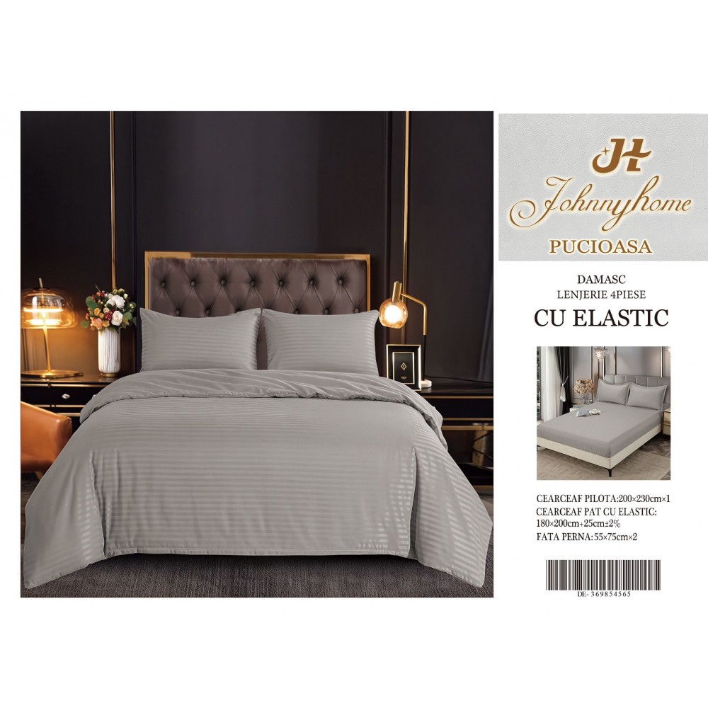 Set Lenjerie Eleganta pentru pat dublu din Damasc, Cearceaf cu Elastic, 4 piese,180x200cm, DME6 Lenjerii DIN Damasc ,4 PIESE cu elastic