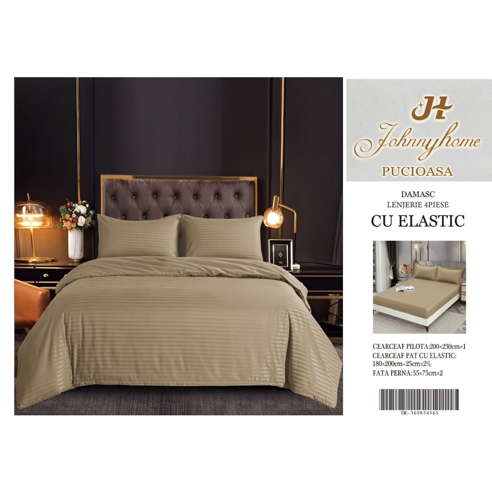 Set Lenjerie Eleganta pentru pat dublu din Damasc, Cearceaf cu Elastic, 4 piese,180x200cm, DME7 Lenjerii DIN Damasc ,4 PIESE cu elastic