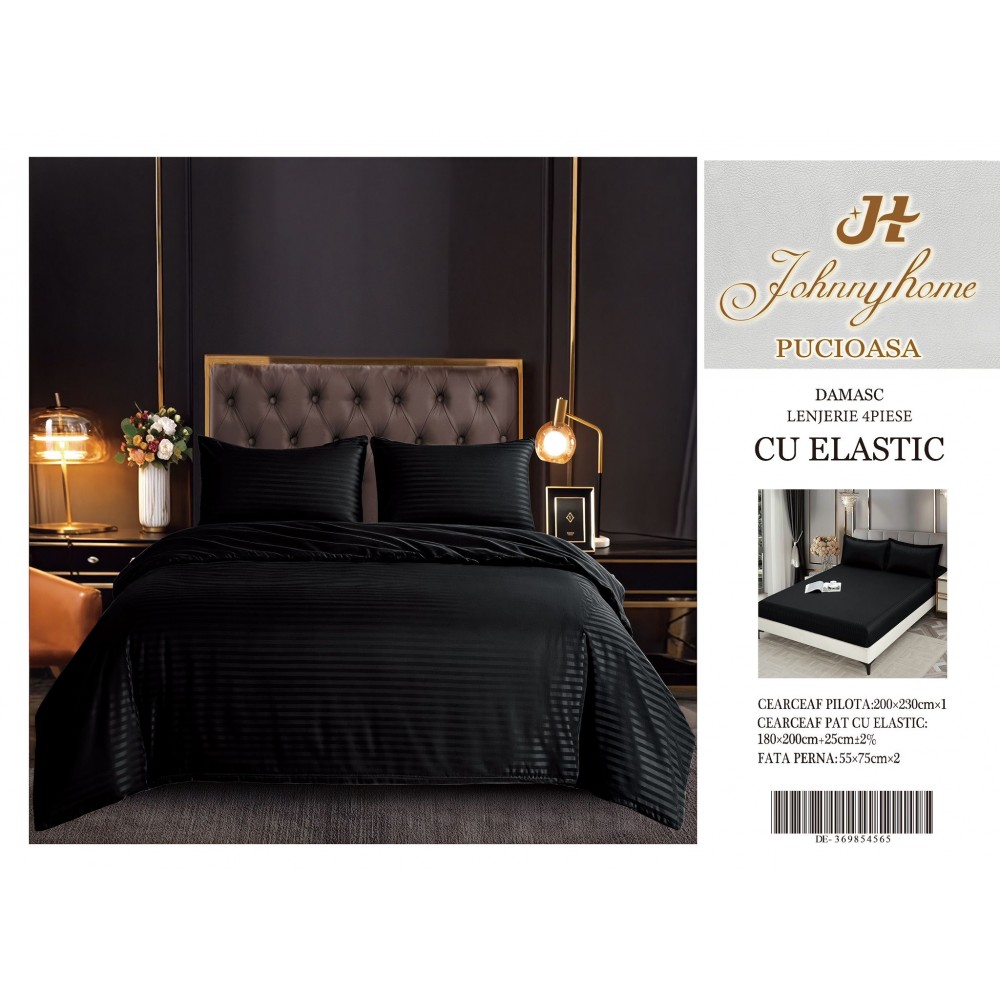 Set Lenjerie Eleganta pentru pat dublu din Damasc, Cearceaf cu Elastic, 4 piese,180x200cm, DME8 Lenjerii DIN Damasc ,4 PIESE cu elastic