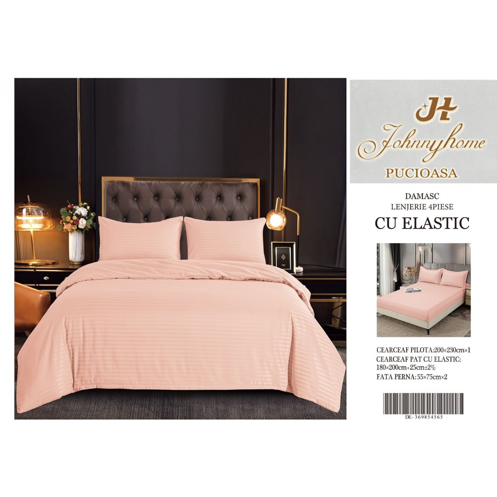 Set Lenjerie Eleganta pentru pat dublu din Damasc, Cearceaf cu Elastic, 4 piese,180x200cm, DME9 Lenjerii DIN Damasc ,4 PIESE cu elastic