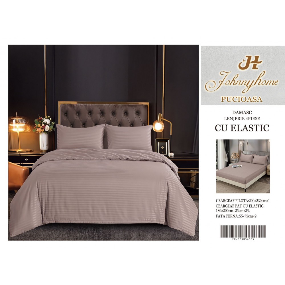 Set Lenjerie Eleganta pentru pat dublu din Damasc, Cearceaf cu Elastic, 4 piese,180x200cm, DME10 Lenjerii DIN Damasc ,4 PIESE cu elastic