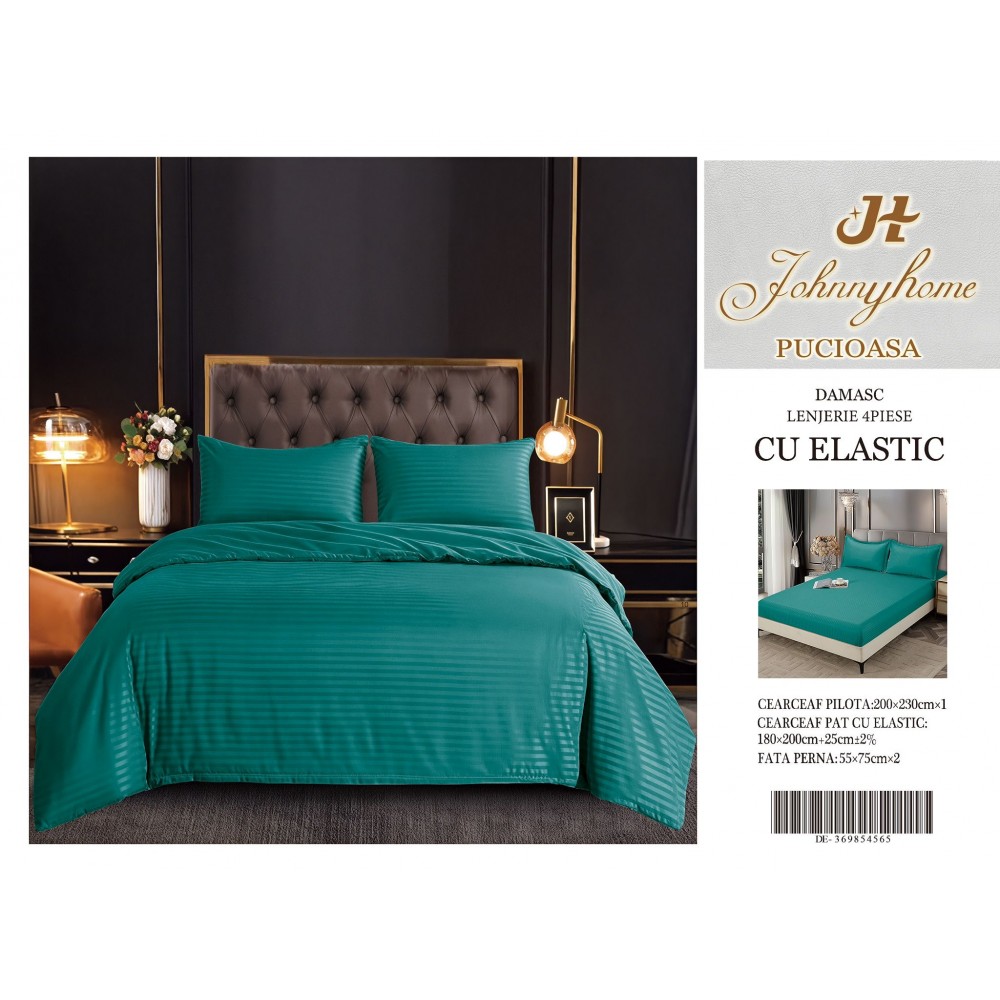 Set Lenjerie Eleganta pentru pat dublu din Damasc, Cearceaf cu Elastic, 4 piese,180x200cm, DME11 Lenjerii DIN Damasc ,4 PIESE cu elastic