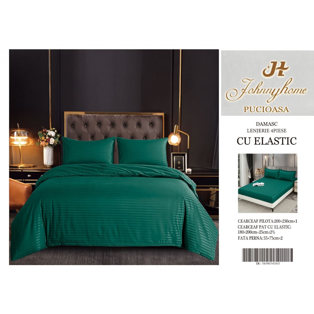 Set Lenjerie Eleganta pentru pat dublu din Damasc, Cearceaf cu Elastic, 4 piese,180x200cm, DME12 Lenjerii DIN Damasc ,4 PIESE cu elastic