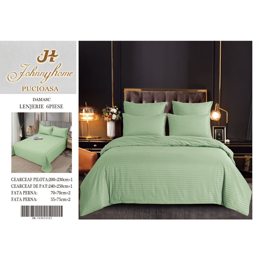 Set Lenjerie Eleganta tip Damasc pentru pat dublu din Bumbac finet, compus din 6 piese, Cearceaf de pat 220x240cm, LDM6P2 LENJERII DIN DAMASC 6 PIESE