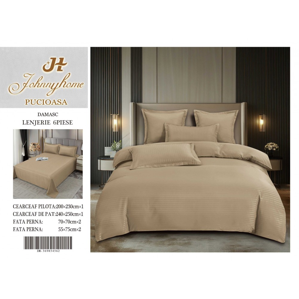 Set Lenjerie Eleganta tip Damasc pentru pat dublu din Bumbac finet, compus din 6 piese, Cearceaf de pat 220x240cm, LDM6P6 LENJERII DIN DAMASC 6 PIESE