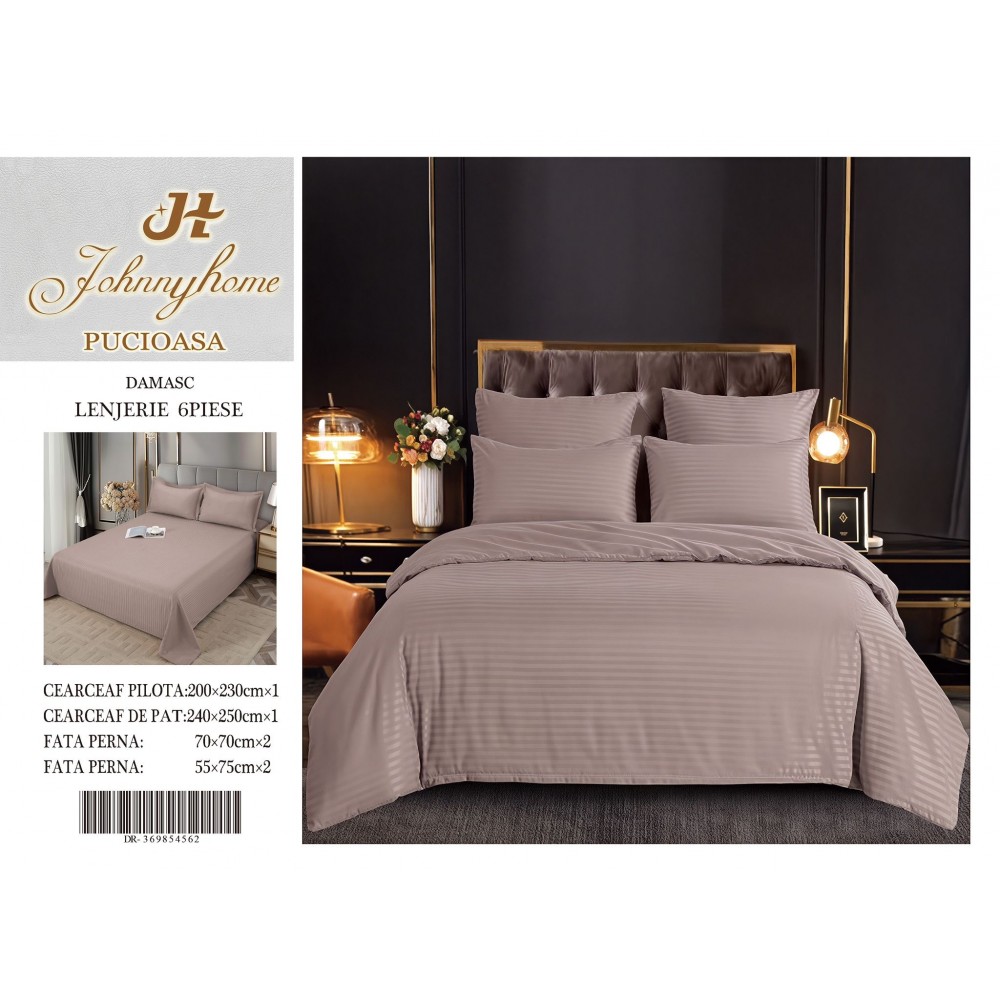 Set Lenjerie Eleganta tip Damasc pentru pat dublu din Bumbac finet, compus din 6 piese, Cearceaf de pat 220x240cm, LDM6P9 LENJERII DIN DAMASC 6 PIESE