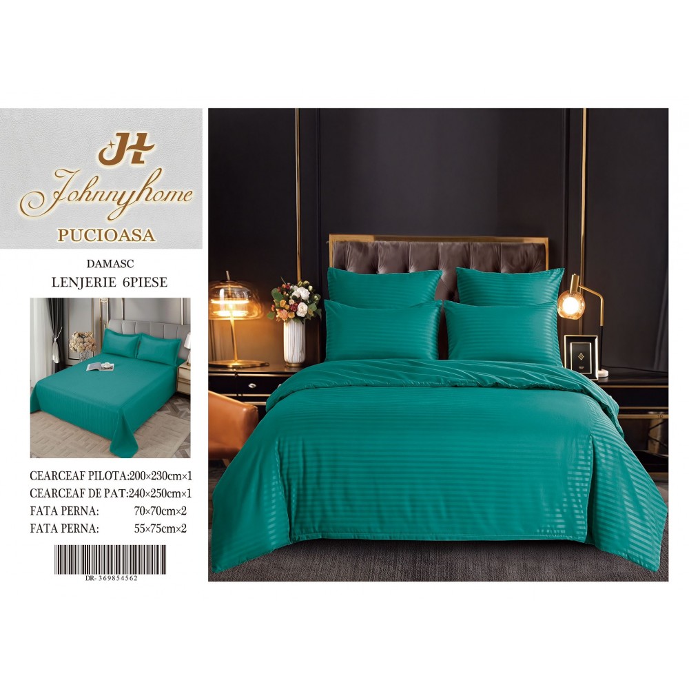 Set Lenjerie Eleganta tip Damasc pentru pat dublu din Bumbac finet, compus din 6 piese, Cearceaf de pat 220x240cm, LDM6P10 LENJERII DIN DAMASC 6 PIESE