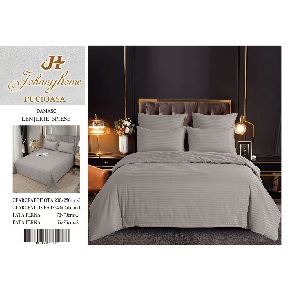 Set Lenjerie Eleganta tip Damasc pentru pat dublu din Bumbac finet, compus din 6 piese, Cearceaf de pat 220x240cm, LDM6P12 LENJERII DIN DAMASC 6 PIESE