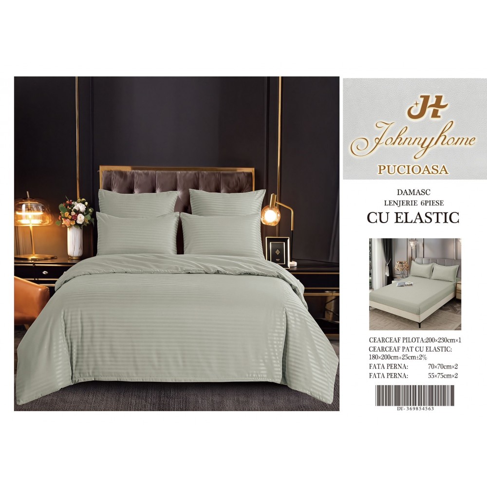 Set Lenjerie Eleganta Damasc din 6 piese cu elestic, Cearceaf de pat 180x200cm, LDM6PE1 LENJERII DIN DAMASC 6 PIESE CU ELASTIC