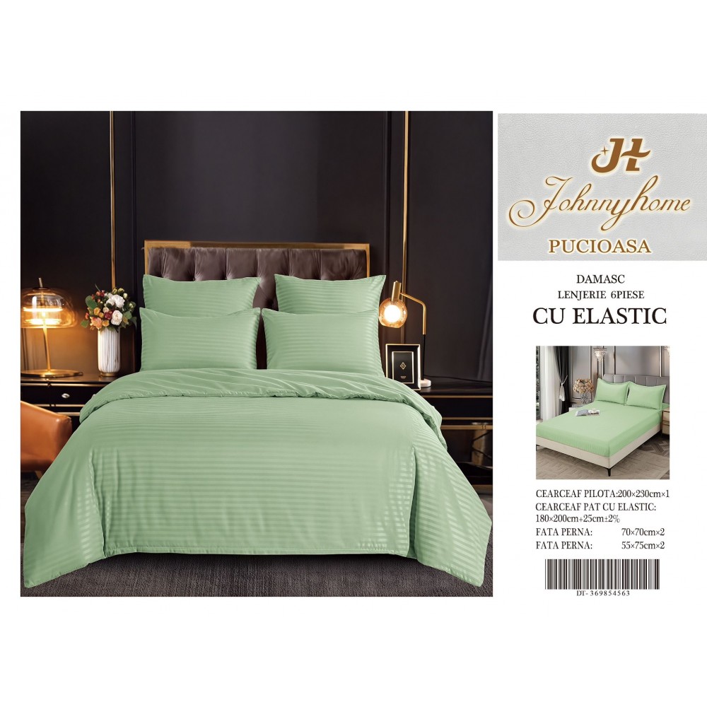 Set Lenjerie Eleganta Damasc din 6 piese cu elestic, Cearceaf de pat 180x200cm, LDM6PE2 LENJERII DIN DAMASC 6 PIESE CU ELASTIC