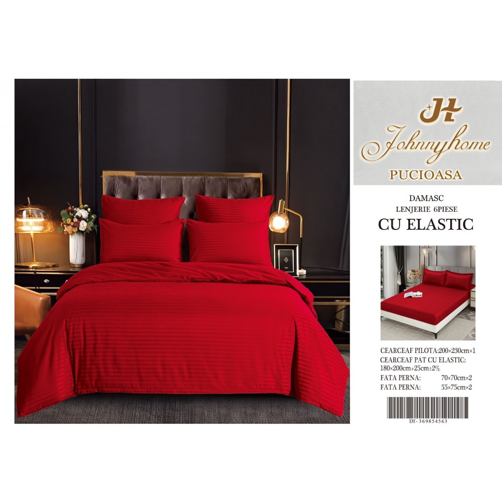 Set Lenjerie Eleganta Damasc din 6 piese cu elestic, Cearceaf de pat 180x200cm, LDM6PE3 LENJERII DIN DAMASC 6 PIESE CU ELASTIC