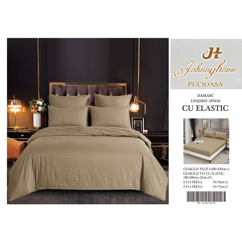 Set Lenjerie Eleganta Damasc din 6 piese cu elestic, Cearceaf de pat 180x200cm, LDM6PE6 LENJERII DIN DAMASC 6 PIESE CU ELASTIC