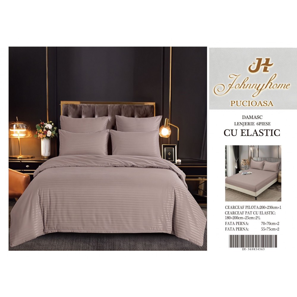 Set Lenjerie Eleganta Damasc din 6 piese cu elestic, Cearceaf de pat 180x200cm, LDM6PE10 LENJERII DIN DAMASC 6 PIESE CU ELASTIC