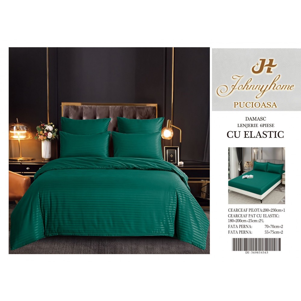 Set Lenjerie Eleganta Damasc din 6 piese cu elestic, Cearceaf de pat 180x200cm, LDM6PE12 LENJERII DIN DAMASC 6 PIESE CU ELASTIC
