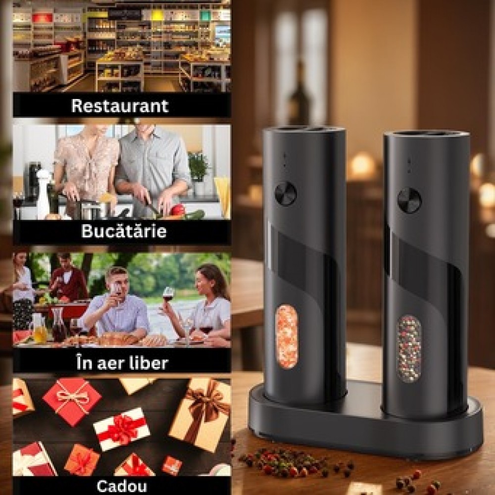 Set 2 rasnite electrice pentru sare si piper, Reincarcabile, Cablu USB, lumina LED, Perie curatare, Stand pentru incarcare sd1